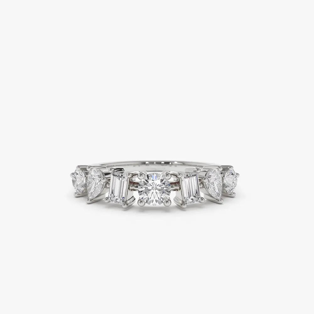 14k Gold Diamond Mixed Round Baguette and Pear Cut 0.77 Ctw Prong Set Ring