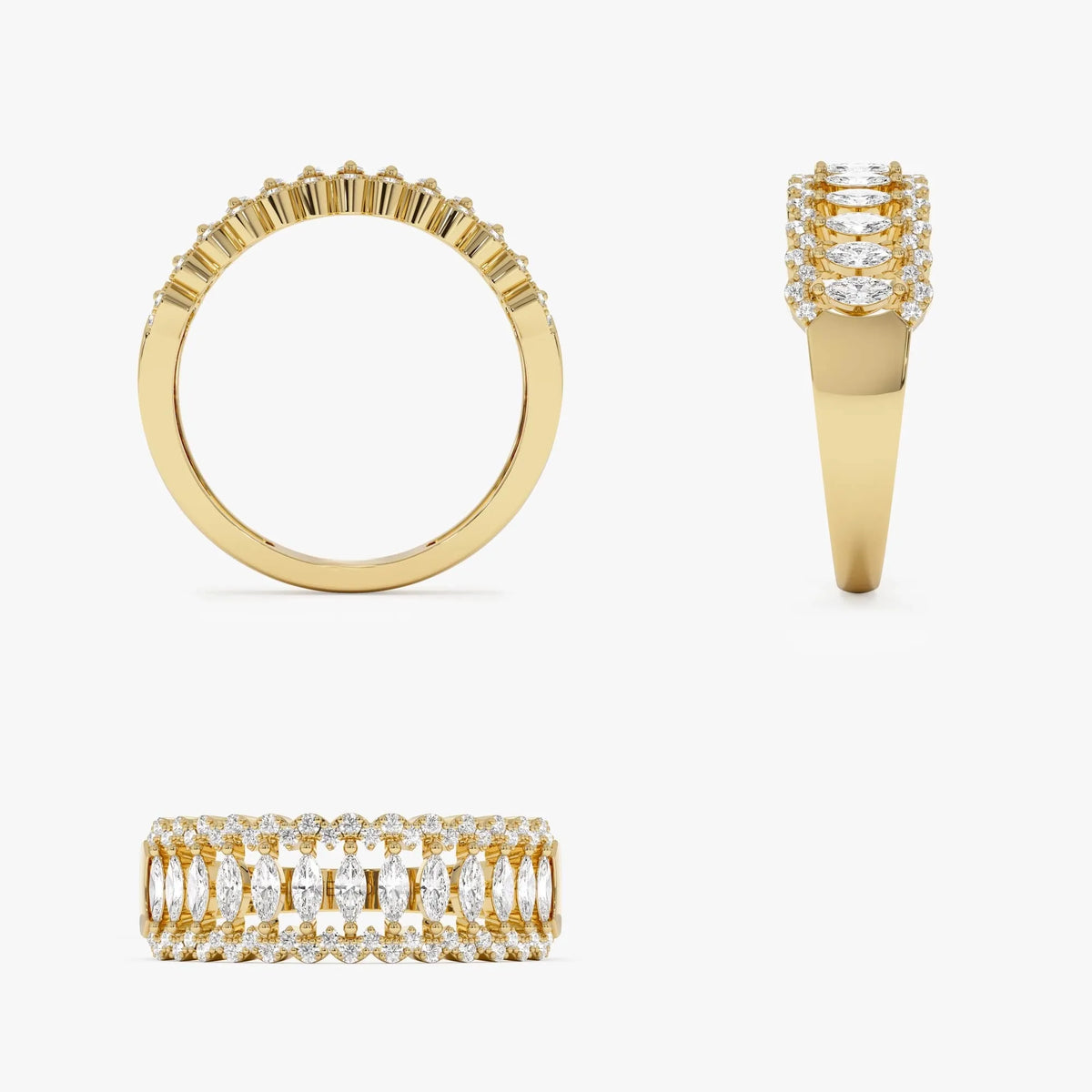 14k Solid Gold Marquise and Round Diamond 0.58 Carat Wide Pave Band Ring