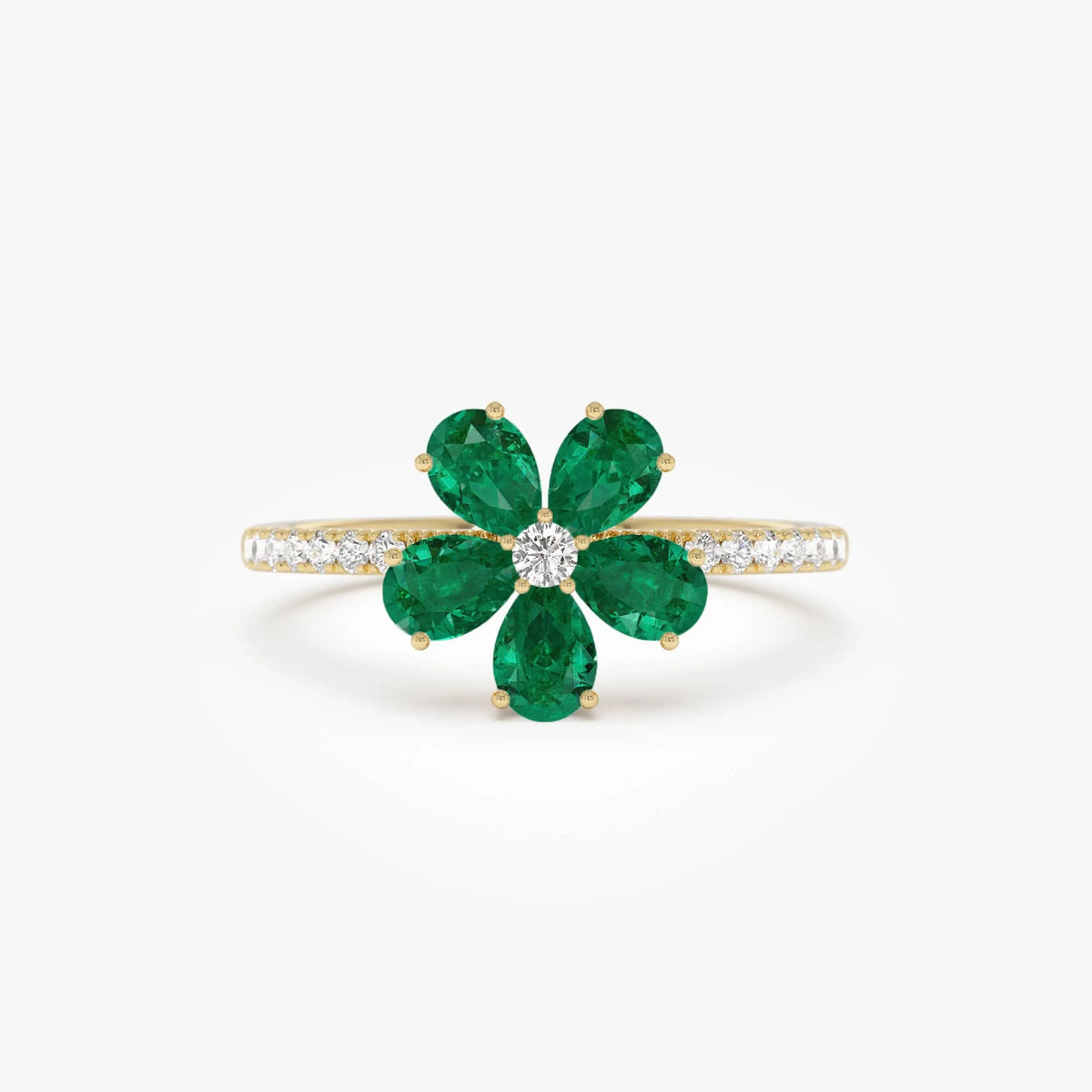 14K Solid Gold Pear Emerald and Round Diamond Five-Leaf Ring 0.80 CTW