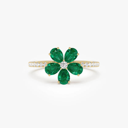 14K Solid Gold Pear Emerald and Round Diamond Five-Leaf Ring 0.80 CTW