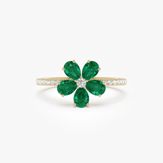 14K Solid Gold Pear Emerald and Round Diamond Five-Leaf Ring 0.80 CTW