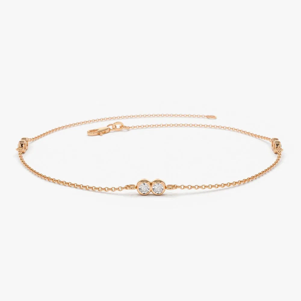 14K Solid Gold Round Diamond Double Station Chain Bracelet Bezel Setting 0.18 Carat