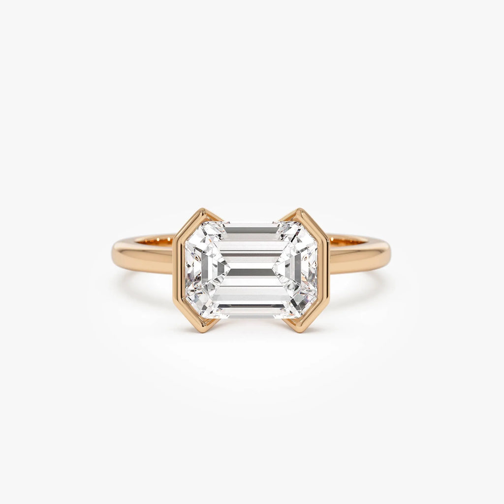14K Gold 2.00 ctw Emerald Cut Lab Grown Diamond Half Bezel East-West Engagement Ring