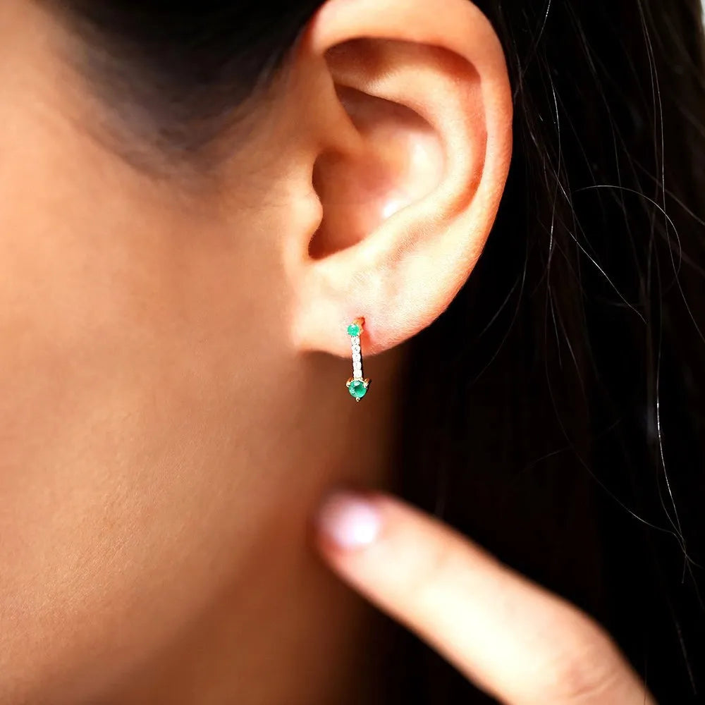 14K Gold Round Emerald and Diamond Micro Pave Prong Drop Earrings 0.24ctw