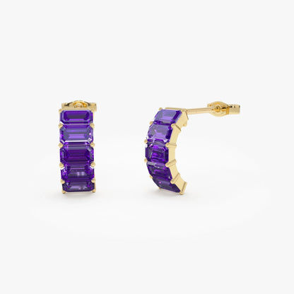 14K Solid Gold Octagon Cut Amethyst Half Hoop Earrings 2.80ctw