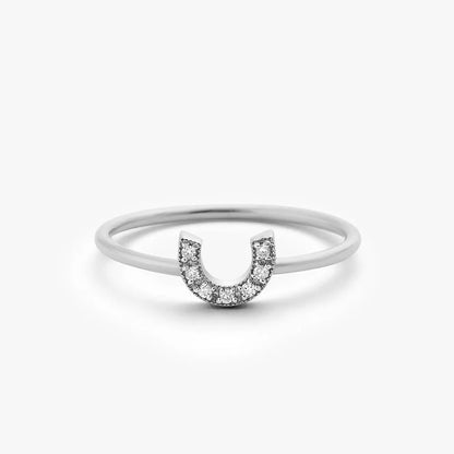 14K Gold White Diamond Round Cut Horseshoe Ring Micro Pave Stackable 0.04 CTW