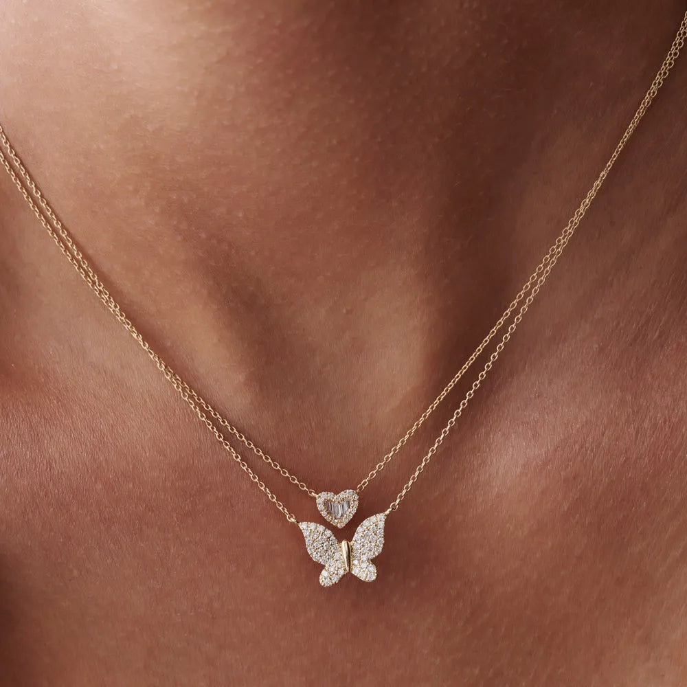 14K Solid Gold Round Diamond Pave Butterfly Pendant Necklace 0.29ctw