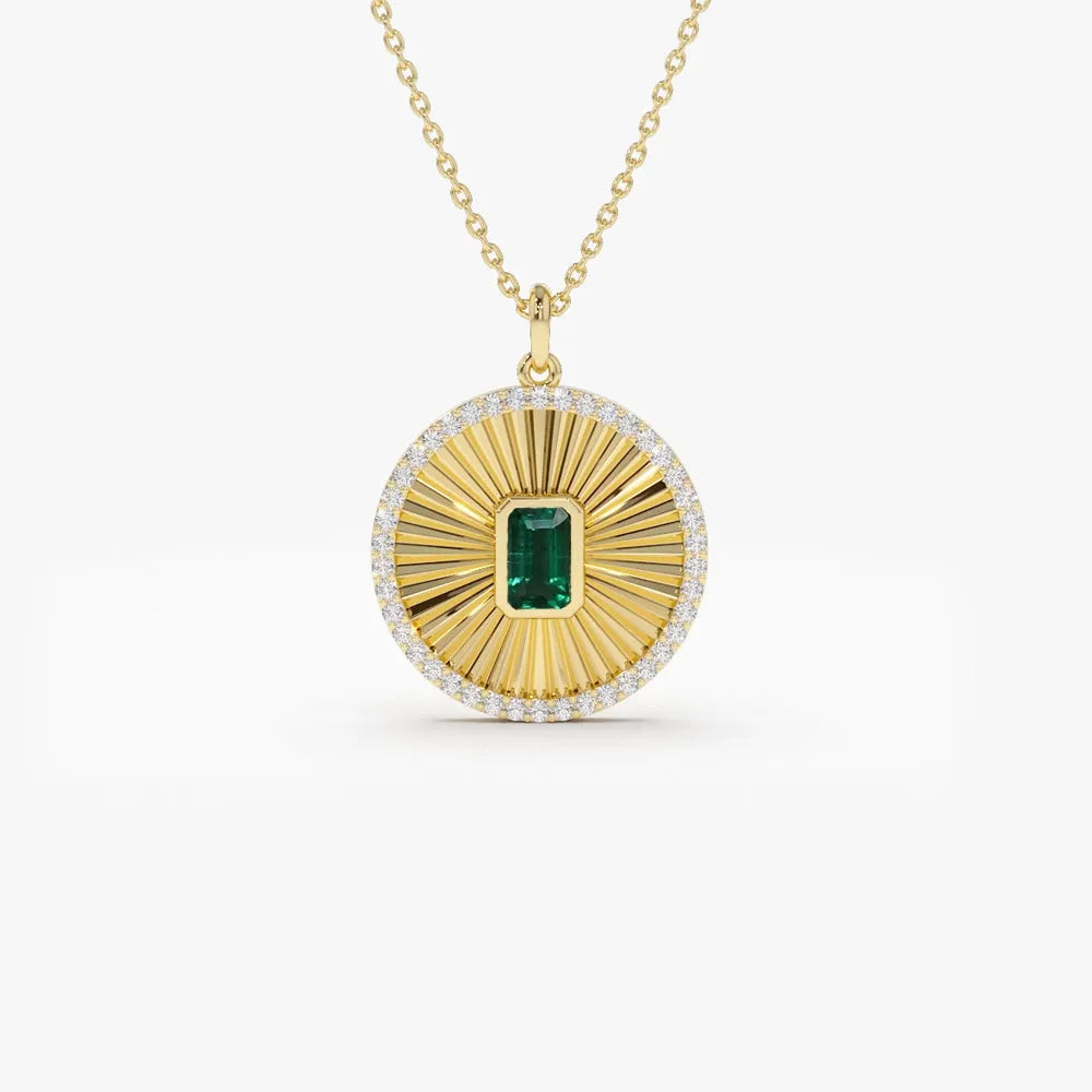 14k Solid Gold Emerald-Cut Emerald 0.35 CTW and Round Diamond 0.25 CTW Medallion Disc Pendant Necklace