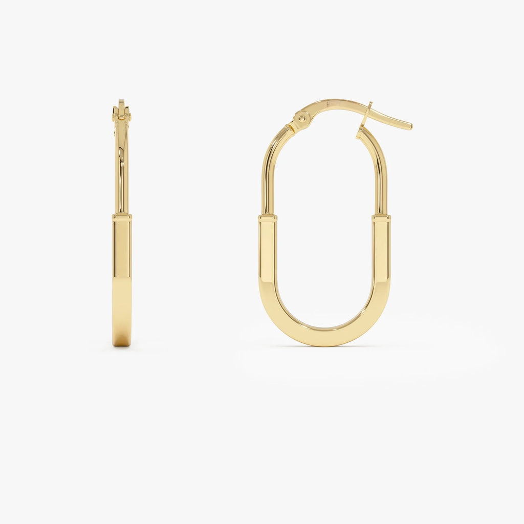 14k Yellow Gold Flat Edge Drop Hoop Earrings 27mm Length 15mm Diameter 2mm Width