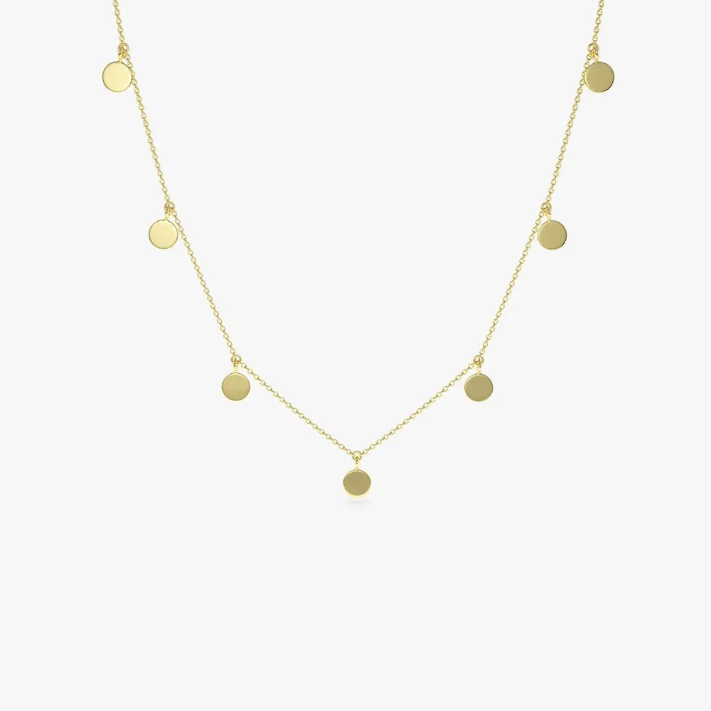 14k Solid Gold Round Coin Disc Choker Necklace with 9 Multi Discs