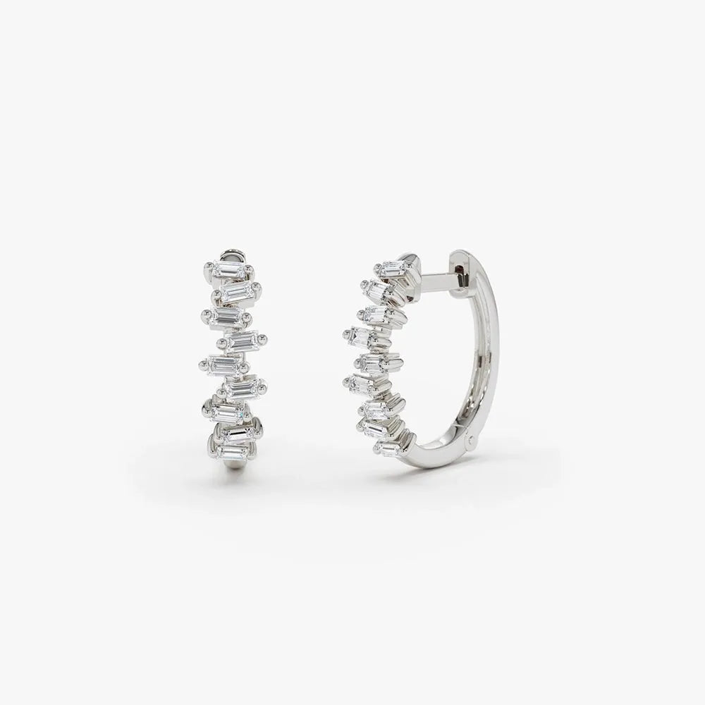 14k Gold Lab Grown Diamond Baguette Cut Horizontal Set Mini Huggie Hoop Earrings 0.39 ctw