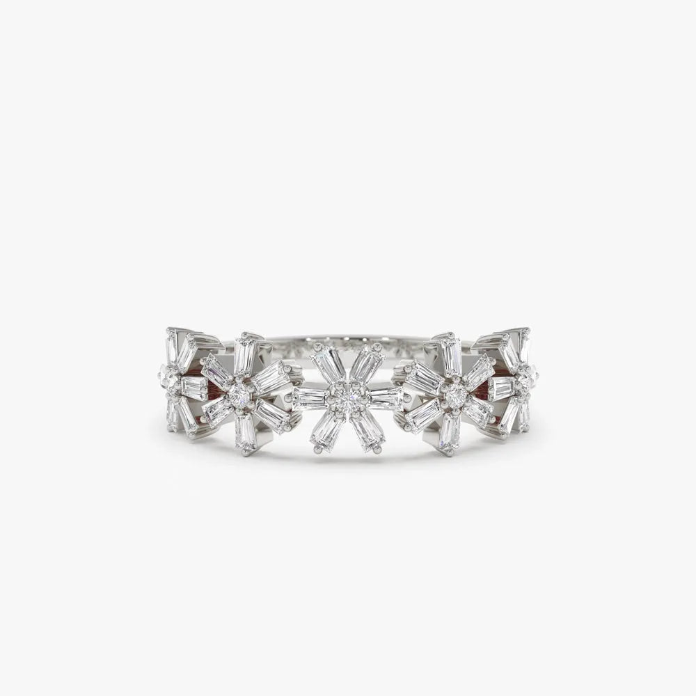 14K Gold 0.49 Carat Round and Baguette Diamond Multi Flower Design Ring