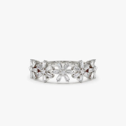 14K Gold 0.49 Carat Round and Baguette Diamond Multi Flower Design Ring