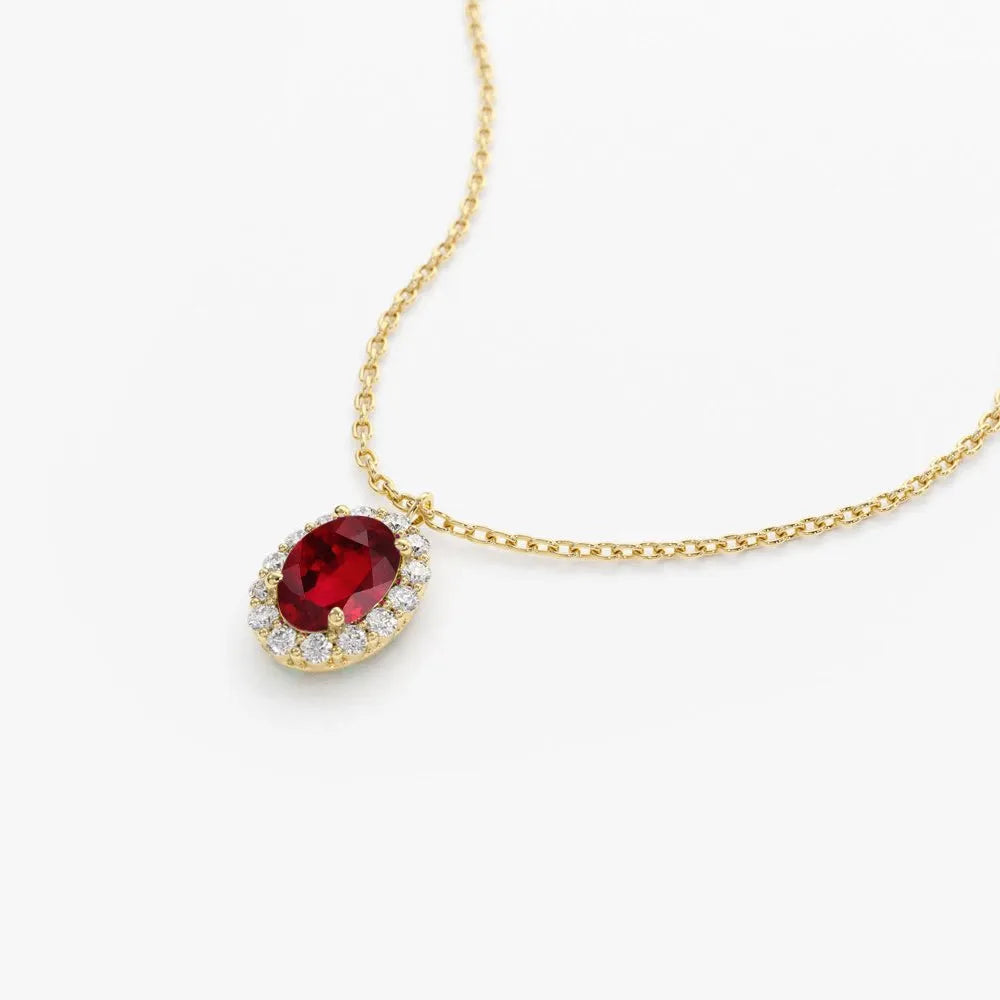 14k Solid Gold Ruby and Diamond Oval Halo Necklace 0.70 Carat Prong Setting