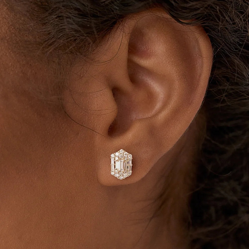 14k Gold Diamond Baguette and Round Cut Hexagon Stud Earrings Prong Setting 0.80 ctw