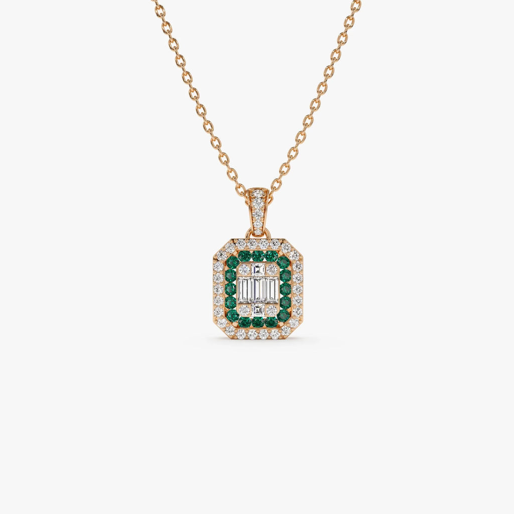 14k Solid Gold Baguette and Round Diamond 0.30 CTW and Emerald 0.20 CTW Halo Pendant Necklace