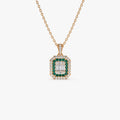 14k Solid Gold Baguette and Round Diamond 0.30 CTW and Emerald 0.20 CTW Halo Pendant Necklace