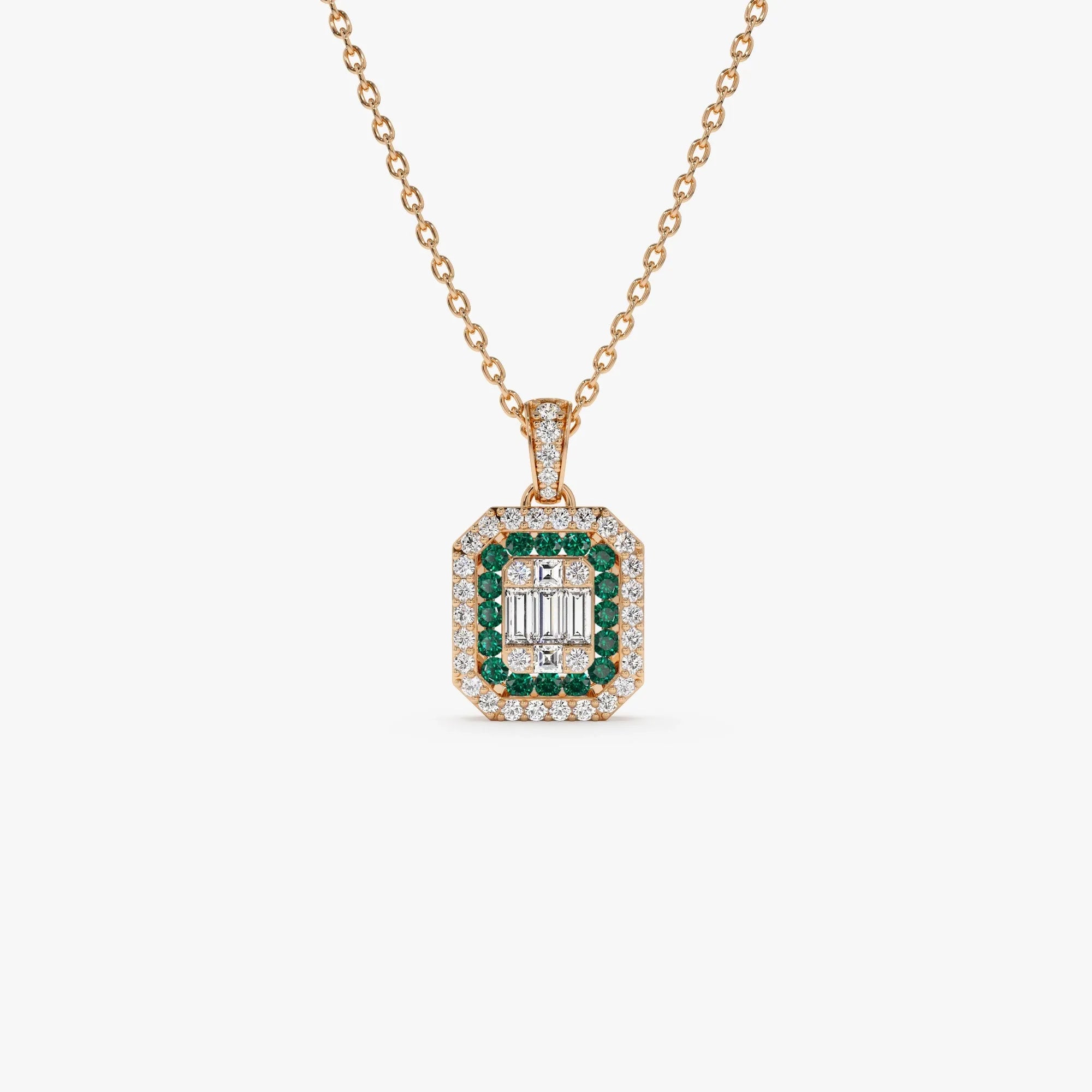 14k Solid Gold Baguette and Round Diamond 0.30 CTW and Emerald 0.20 CTW Halo Pendant Necklace