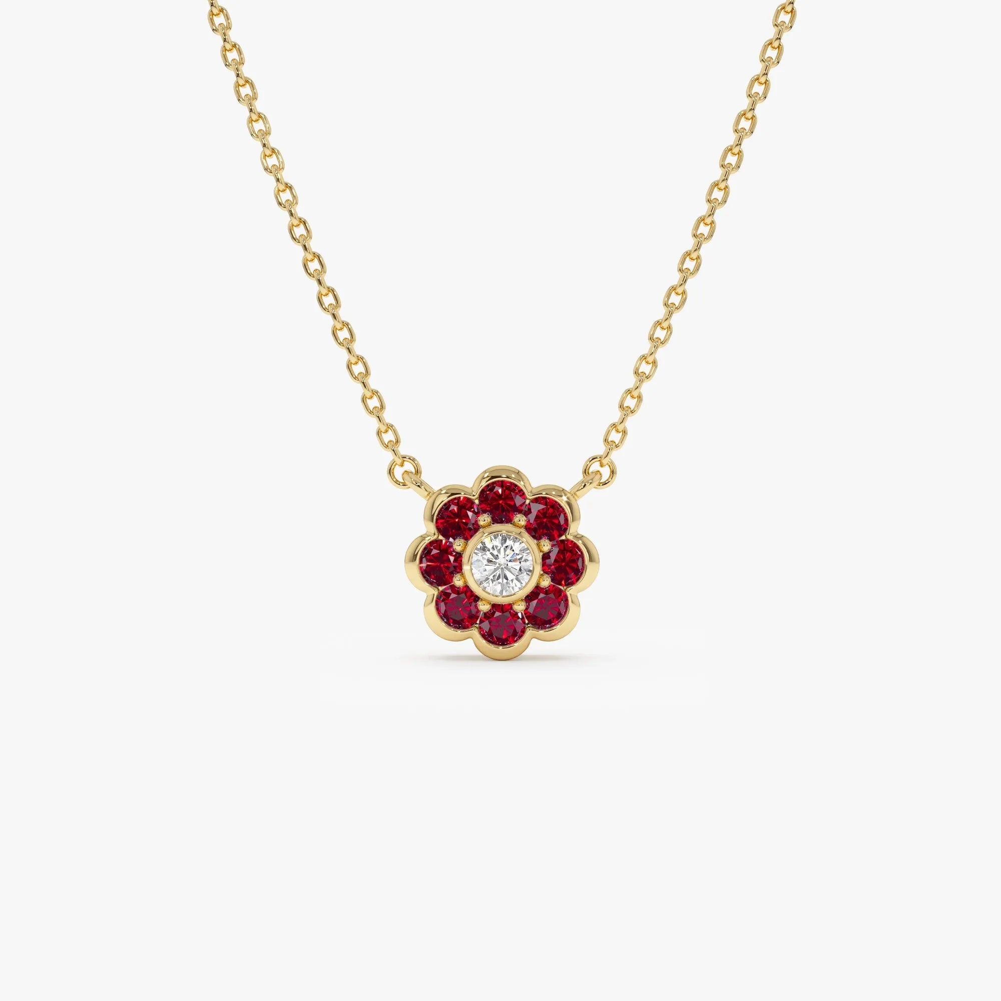 14k Solid Gold Ruby and Diamond Round Flower Necklace 0.35 Carat Bezel Setting