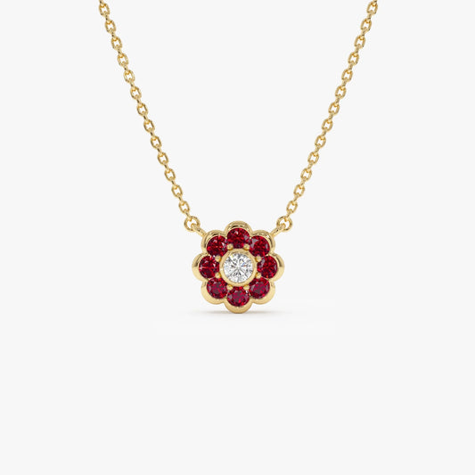 14k Solid Gold Ruby and Diamond Round Flower Necklace 0.35 Carat Bezel Setting