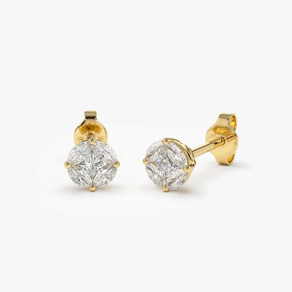 14k Gold Diamond Marquise and Princess Cut 5mm Illusion Setting Stud Earrings 0.45 ctw