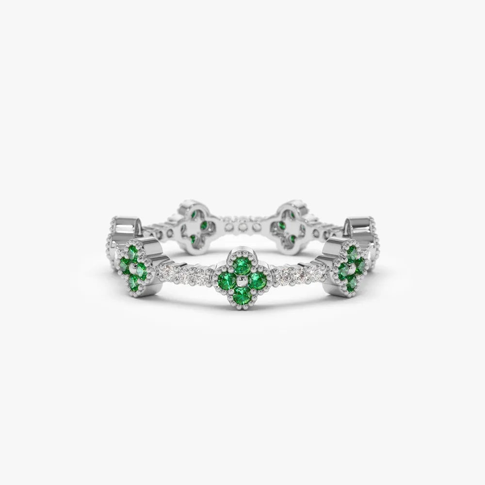 14K Solid Gold Round Emerald and Diamond Full Eternity Clover Ring 0.44 CTW