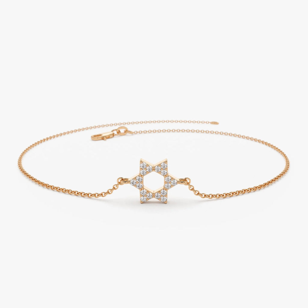 14K Solid Gold 0.065 CTW Round Diamond Star of David Bracelet