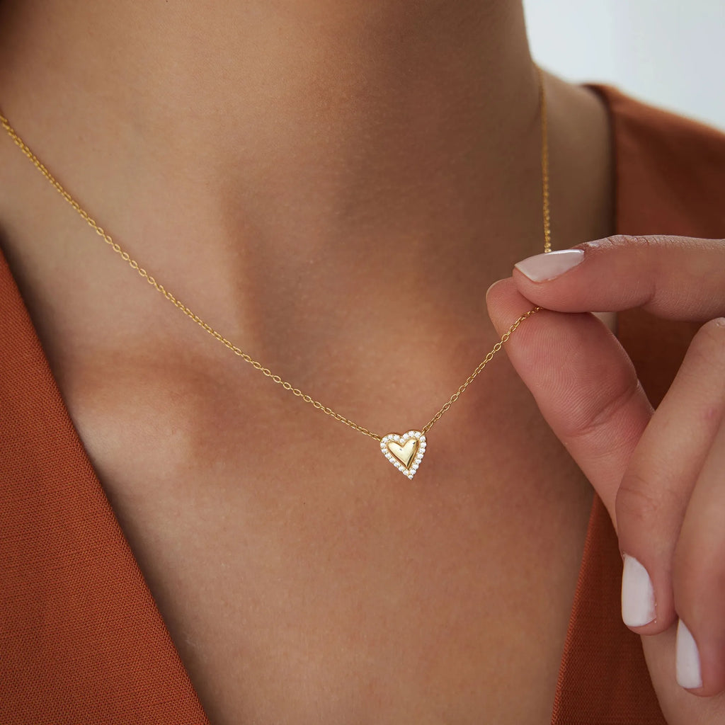 14K Solid Gold 0.12 CTW Round Diamond Puffed Heart Love Necklace