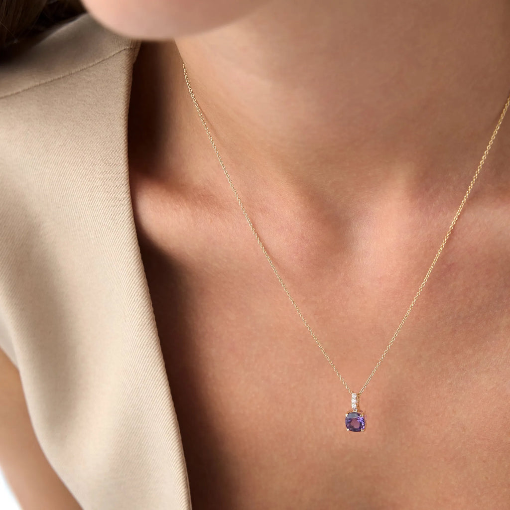 14k Solid Gold Amethyst and Diamond Cushion Cut Pendant Necklace 1.02 Carat