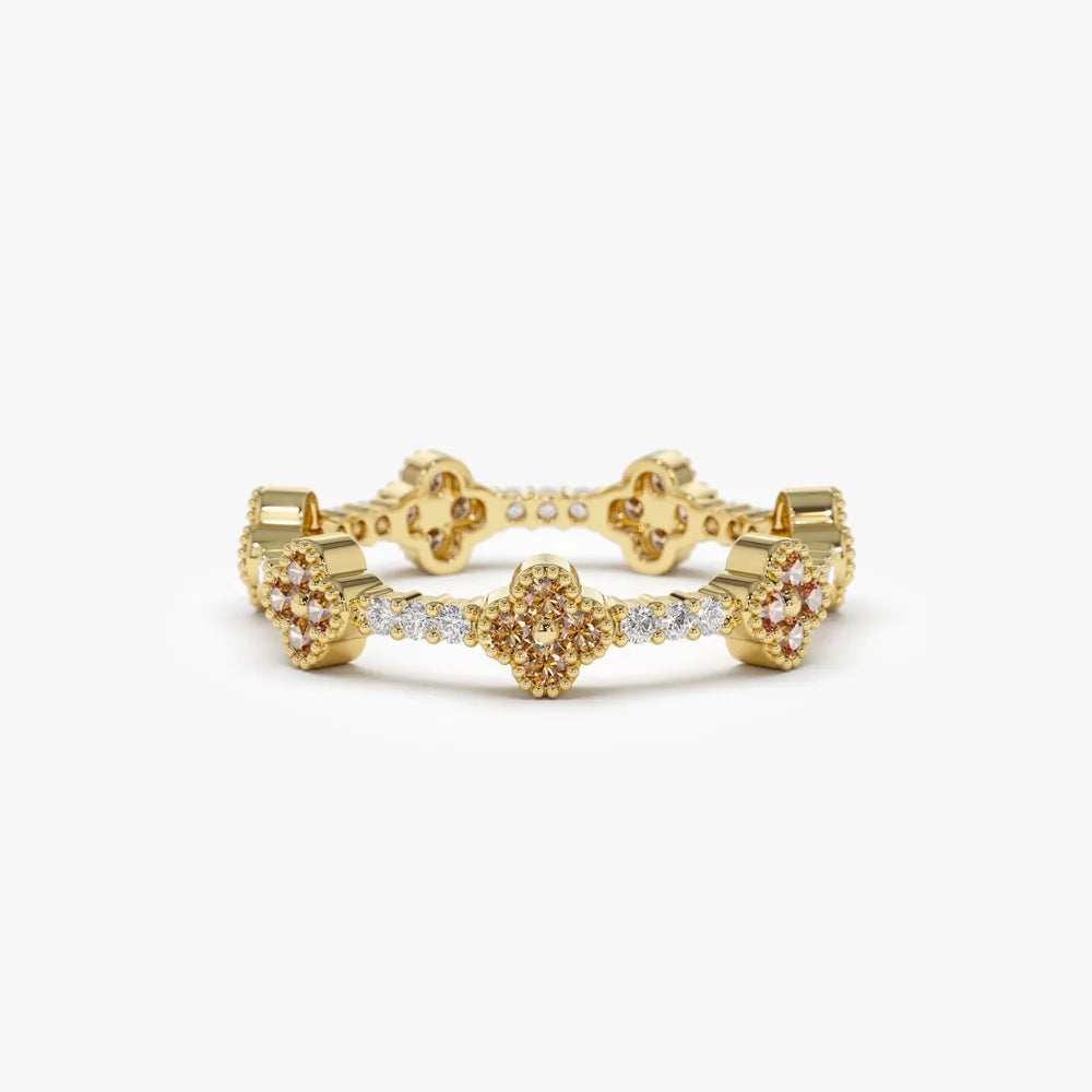 14K Gold Round Citrine and Diamond 0.47ctw Clover Full Eternity Ring