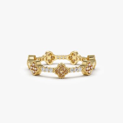 14K Gold Round Citrine and Diamond 0.47ctw Clover Full Eternity Ring