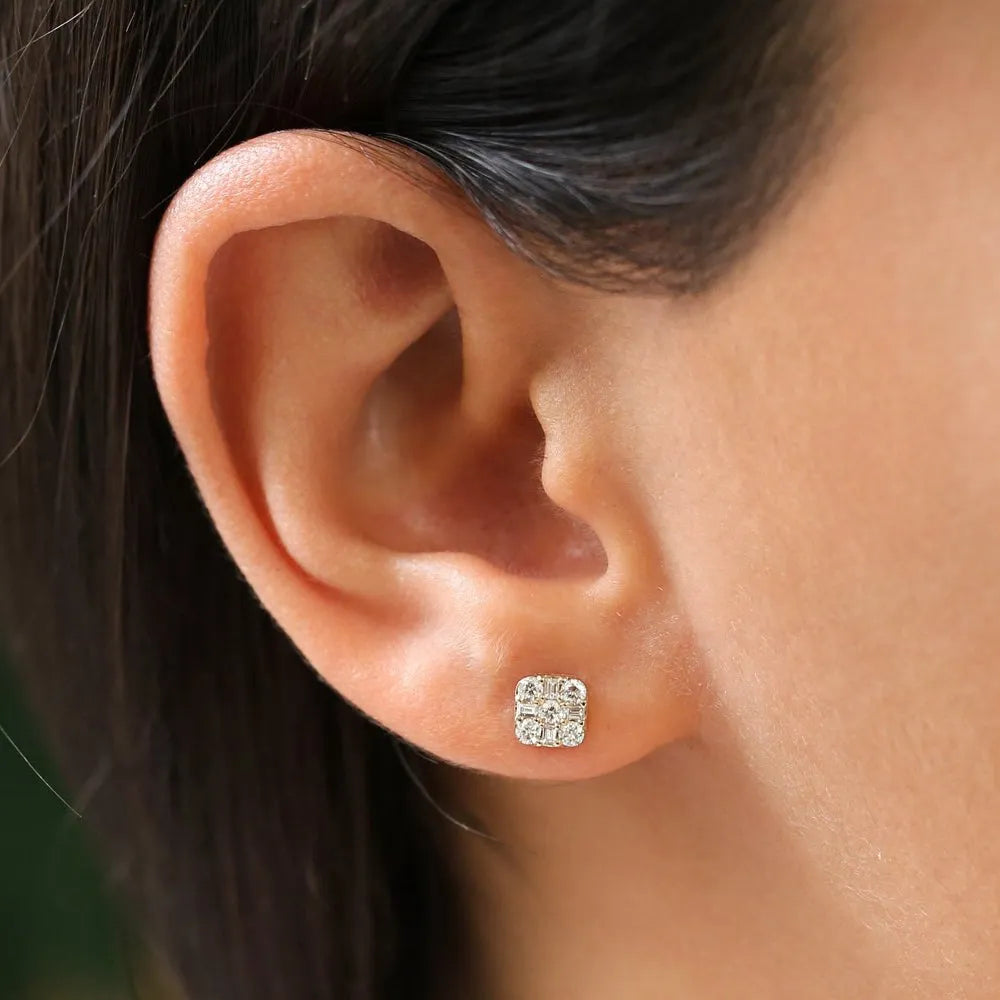 14k Gold Diamond Square Baguette and Round Cut Earrings 0.45 ctw
