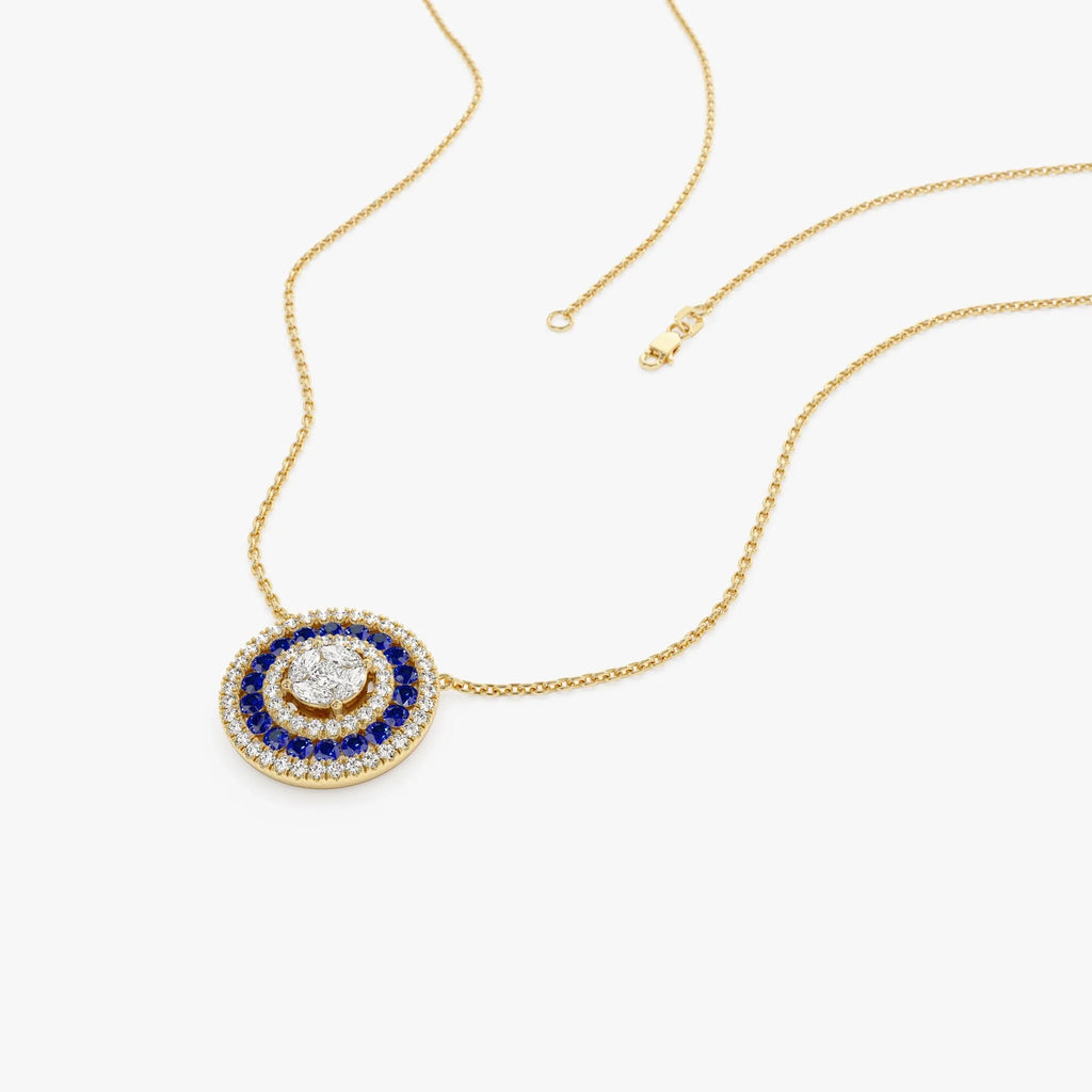 14k Solid Gold Sapphire and Diamond Round Princess Marquise Illusion Medallion Necklace 0.75 Carat