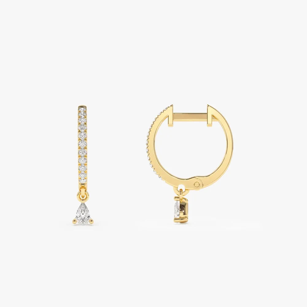 14k Gold Diamond Pear and Round Cut Dangling Huggie Earrings Prong Micro Pave 0.29 ctw
