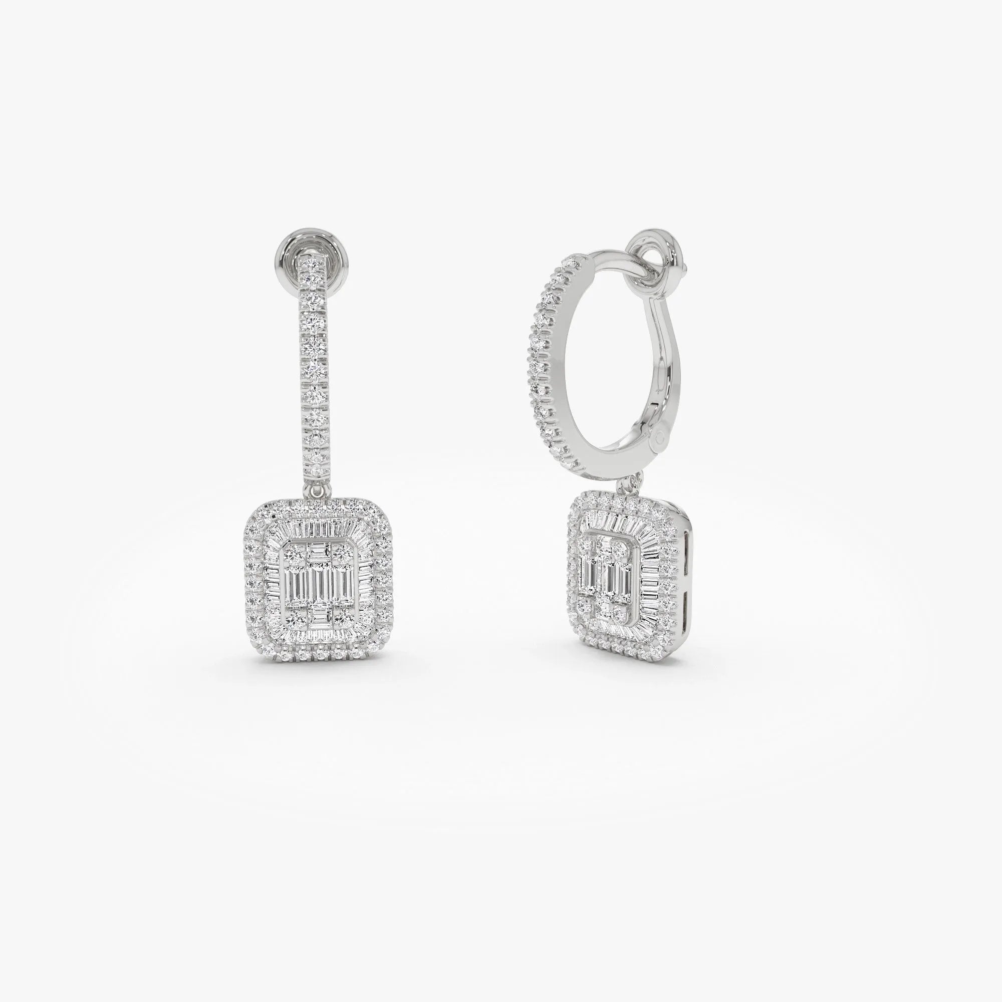 14k Gold Diamond Baguette and Round Cut Illusion Setting Dangling Hoop Earrings 0.98 ctw