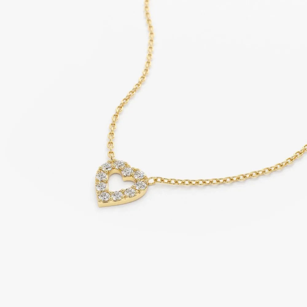 14K Solid Gold Round Diamond Tiny Heart Pendant Necklace Prong Setting 0.10ctw