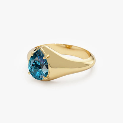 14K Solid Gold Pear Shaped London Blue Topaz 1.15ctw Statement Ring
