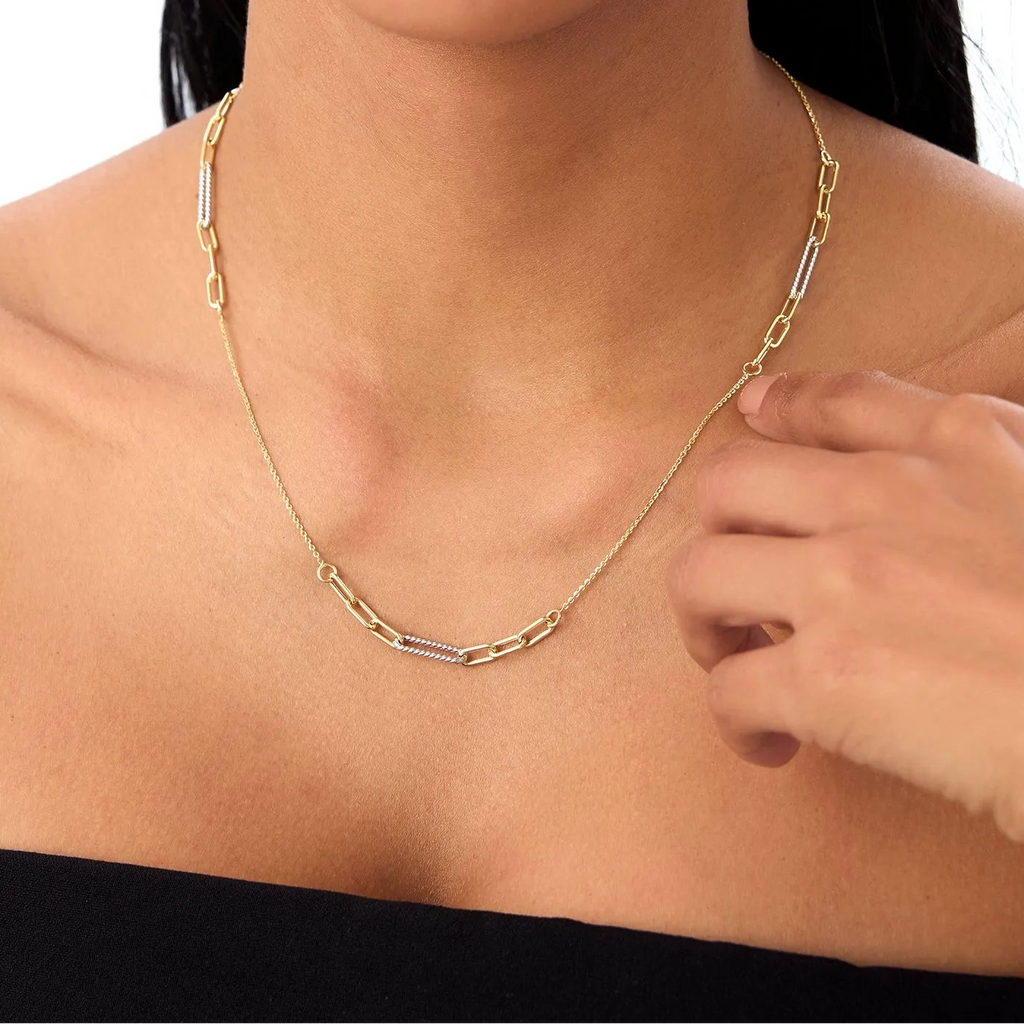 14k Solid Gold Two Tone Rope and Paperclip Link Layering Necklace