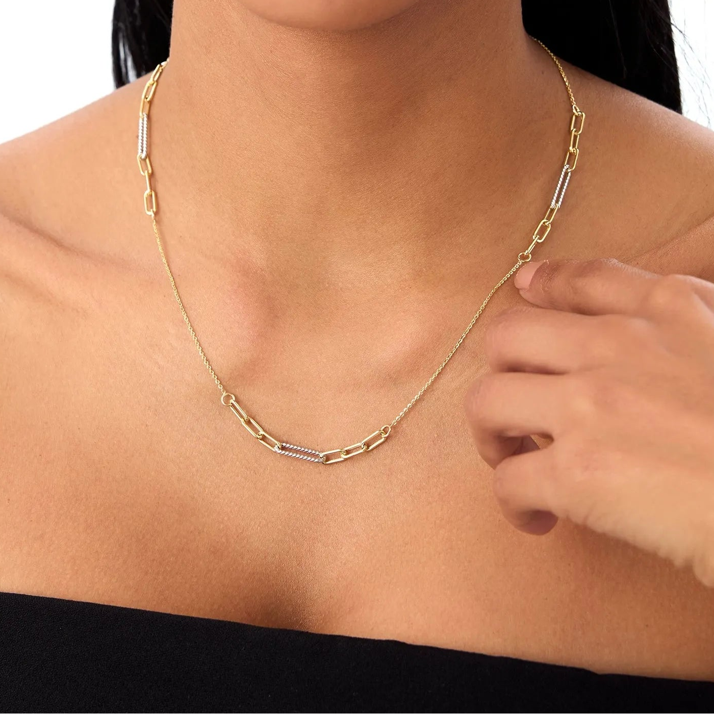 14k Solid Gold Two Tone Rope and Paperclip Link Layering Necklace