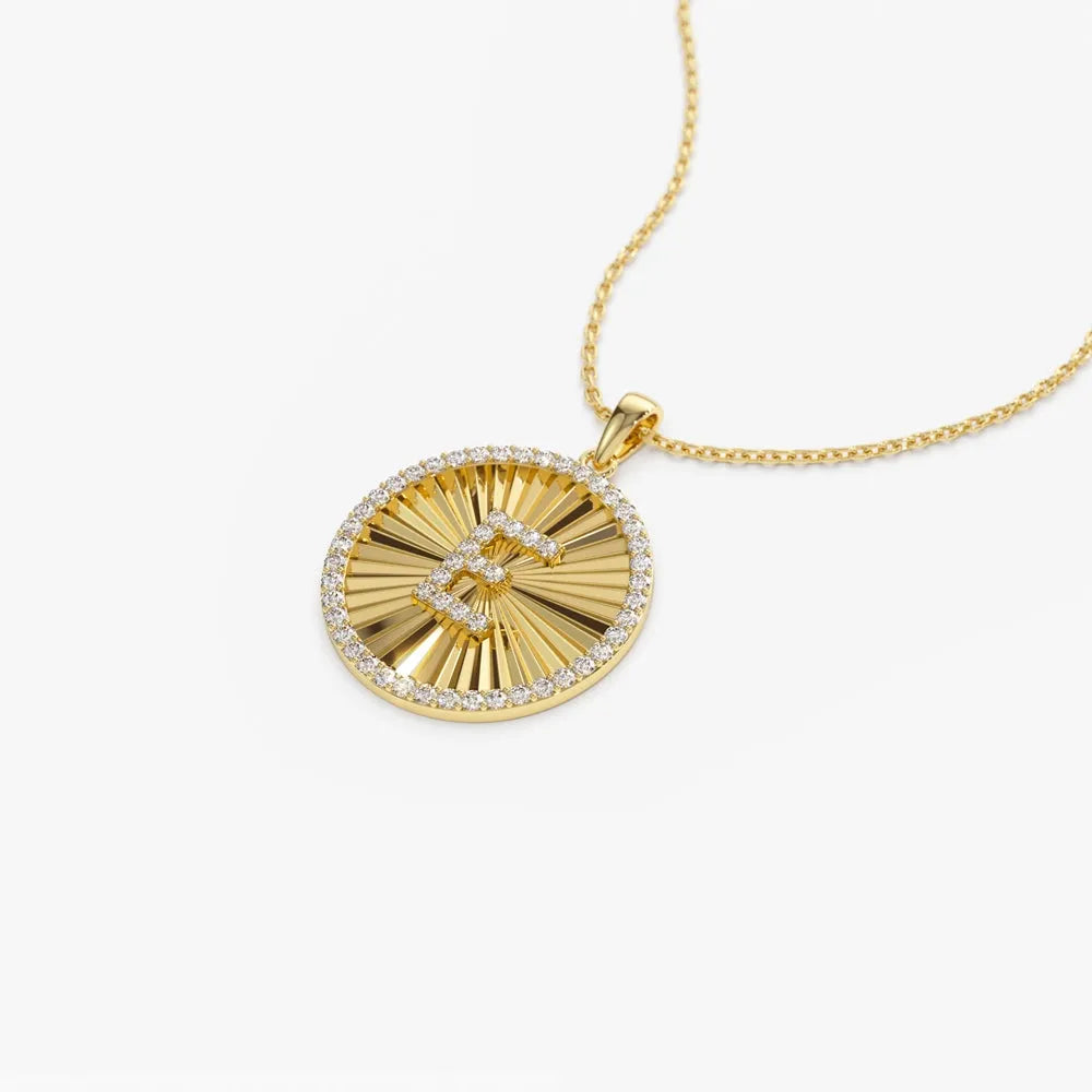 14K Solid Gold Round Diamond Initial Ballerina Disc Pendant Necklace 0.34ctw