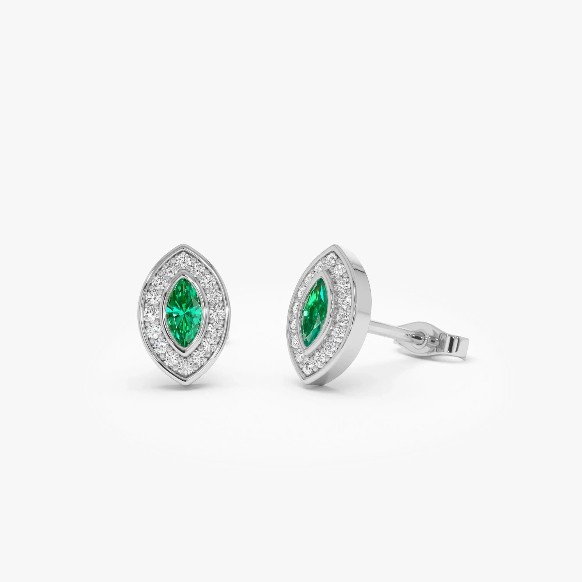 14k Solid Gold Marquise Emerald and Round Diamond Halo Stud Earrings 0.41 ctw