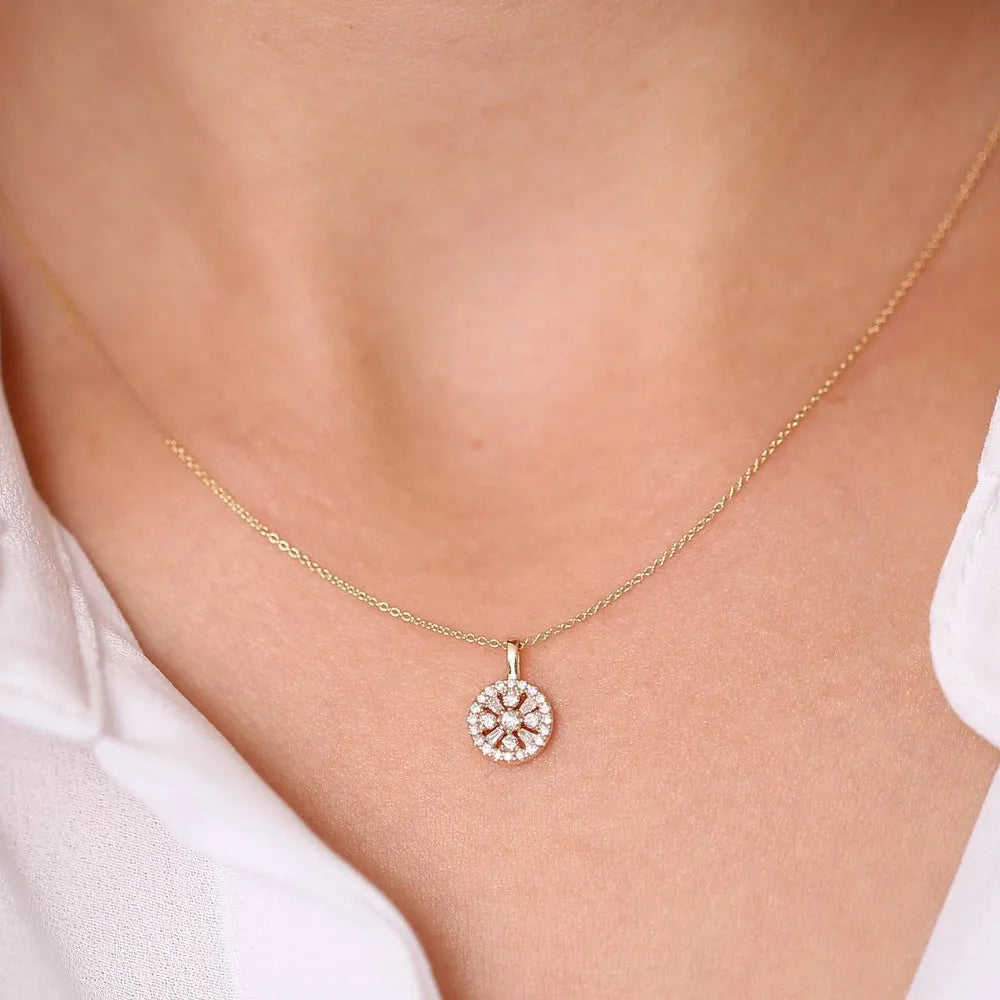 14K Solid Gold Baguette and Round Diamond Charm Necklace 0.32ctw