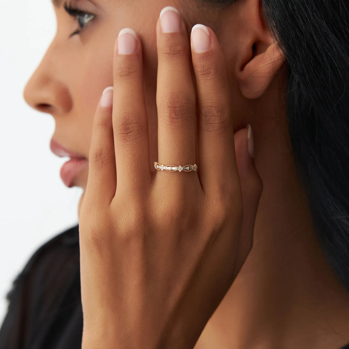 14k Gold 0.18 CTW Baguette and Round Diamond Vintage Inspired Wedding Ring