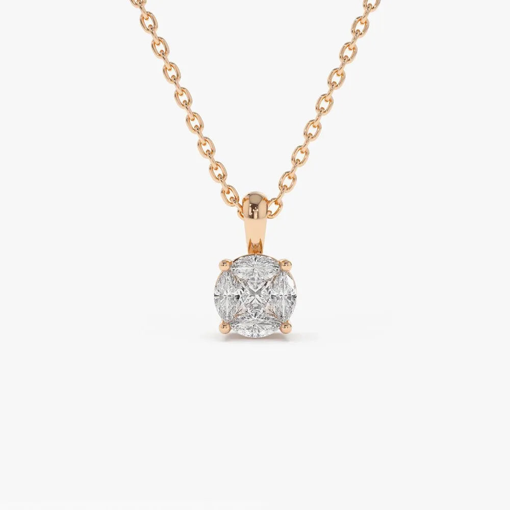 14K Solid Gold Marquise and Princess Cut Diamond Illusion Setting Necklace 0.25ctw