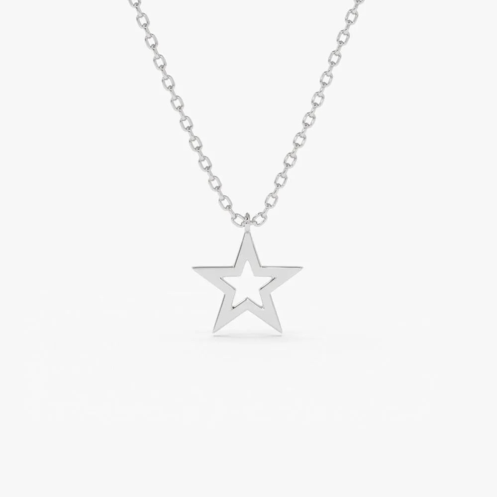 14k Solid Gold Star Charm Pendant Necklace Lucky Star Symbol
