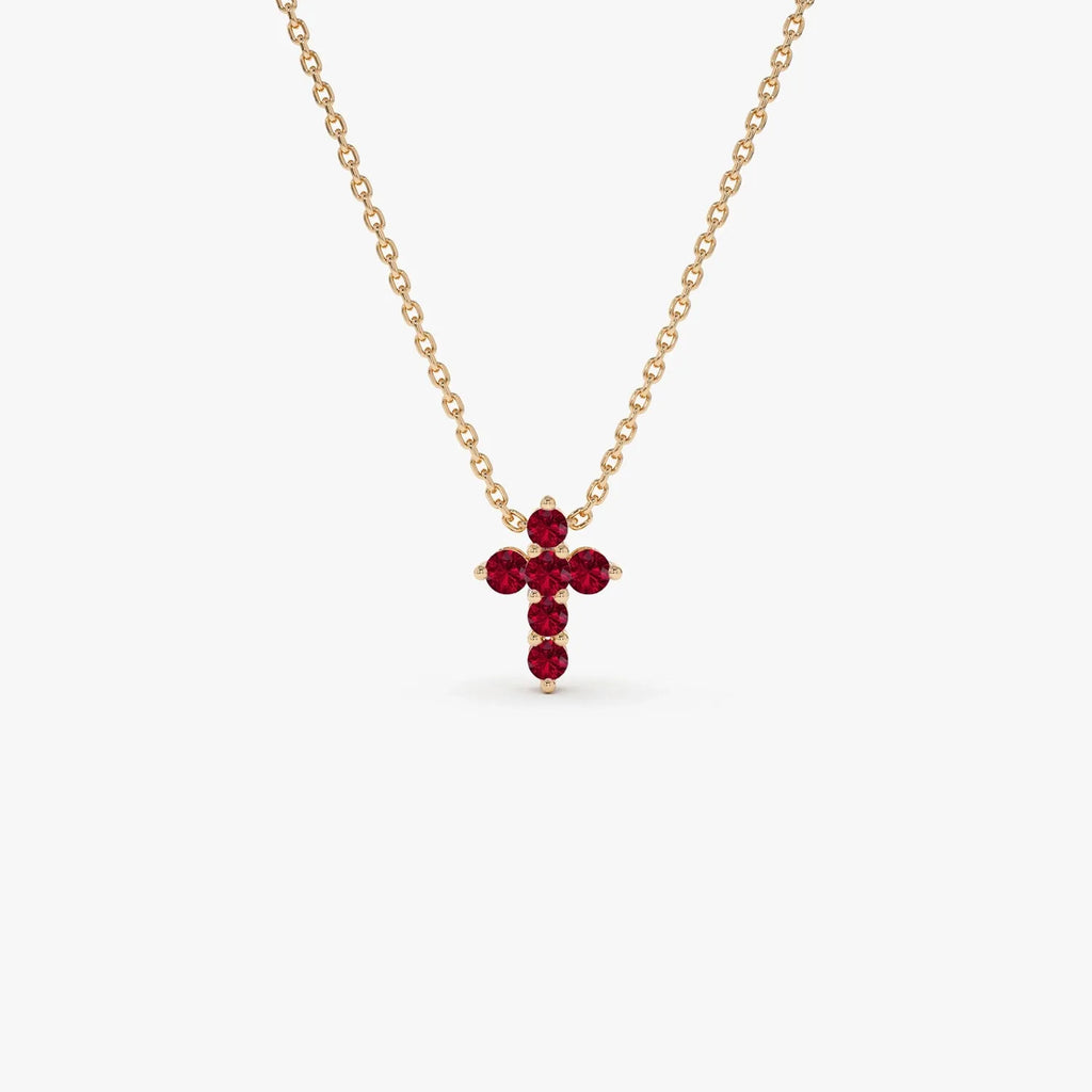 14k Solid Gold Round Ruby Tiny Cross Pendant Necklace 0.25 Carat Prong Setting