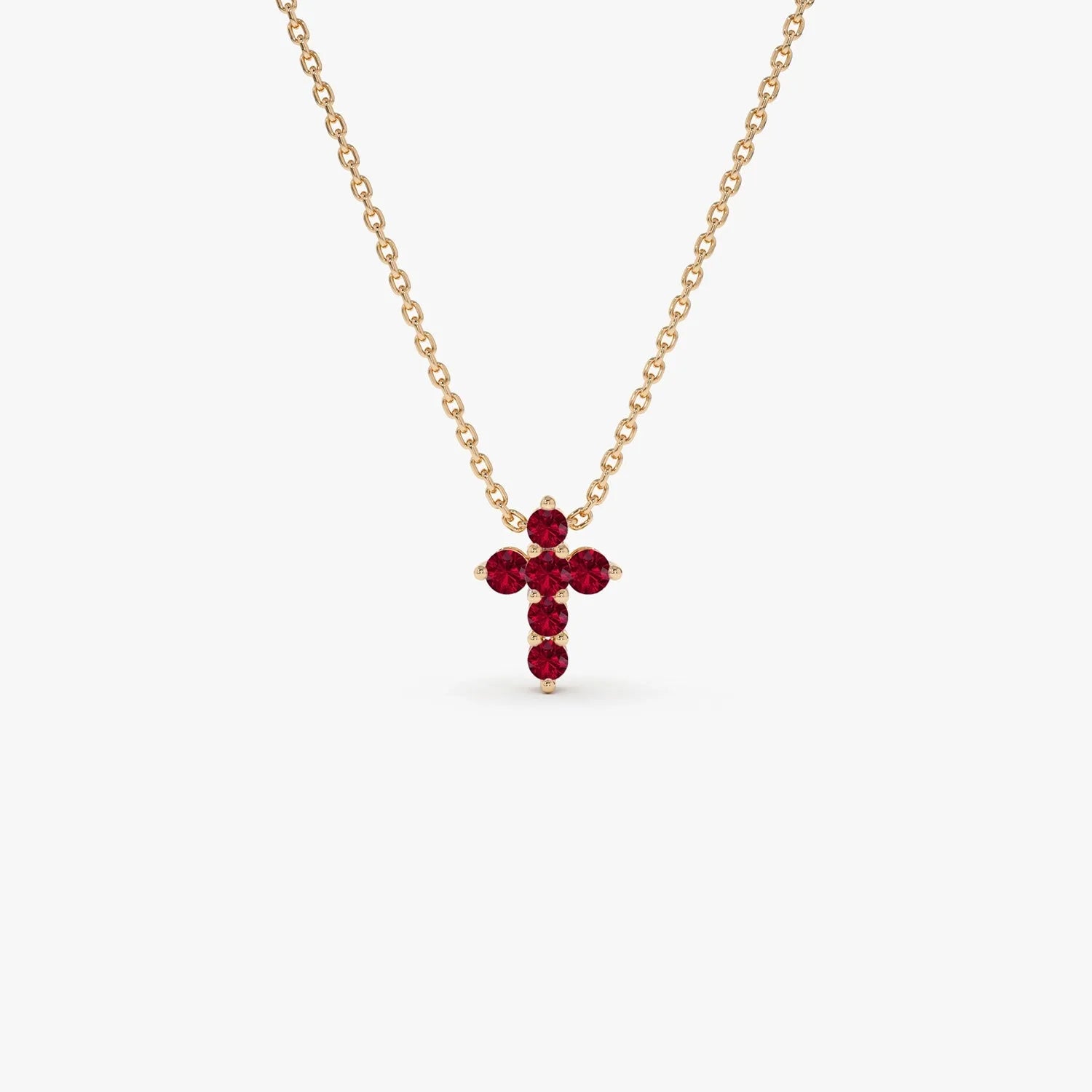 14k Solid Gold Round Ruby Tiny Cross Pendant Necklace 0.25 Carat Prong Setting