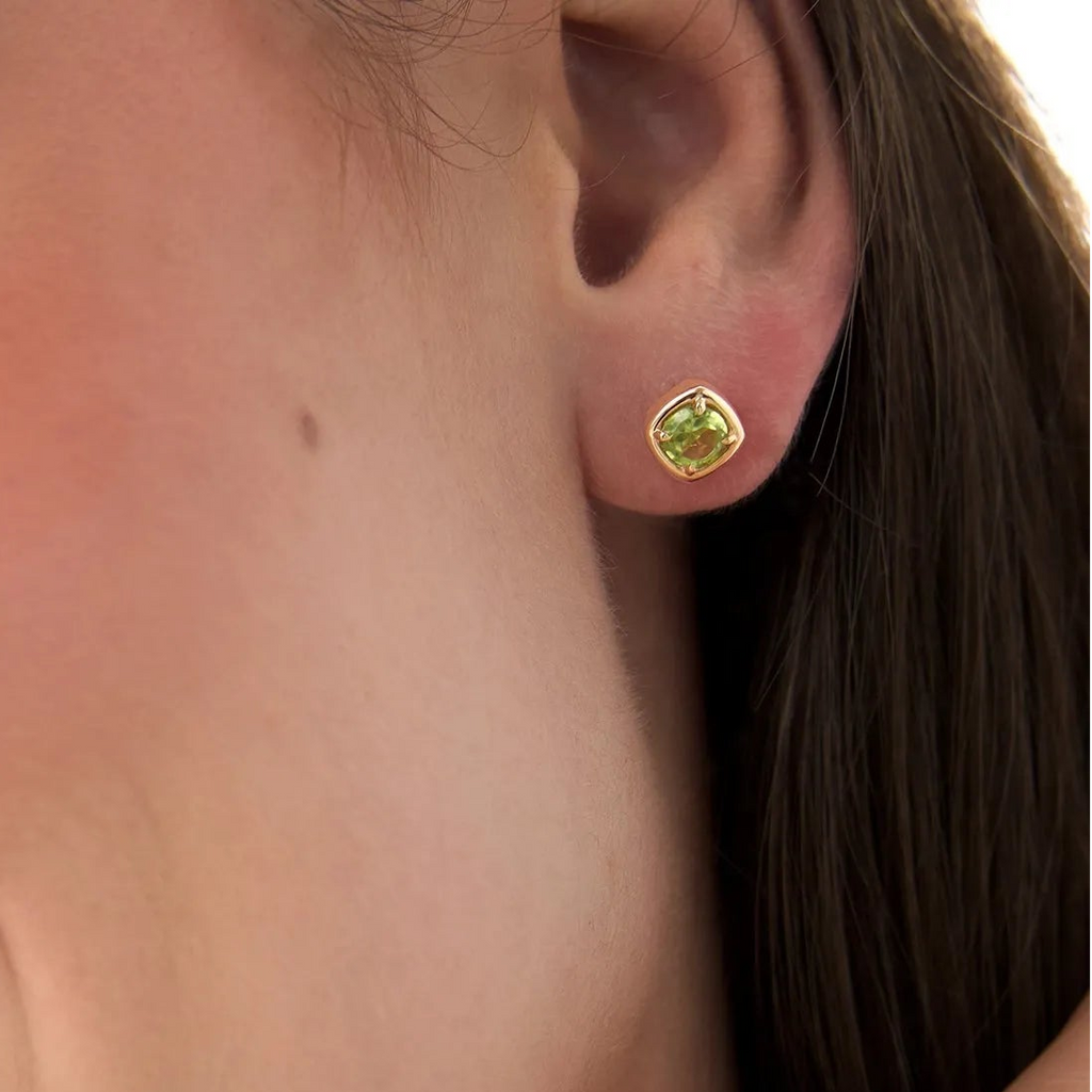14K Solid Gold Round Peridot Cushion Shaped Stud Earrings 1.05ctw