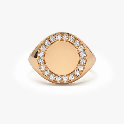 14K Gold 0.30ctw Round Diamond Engravable Circular Signet Ring