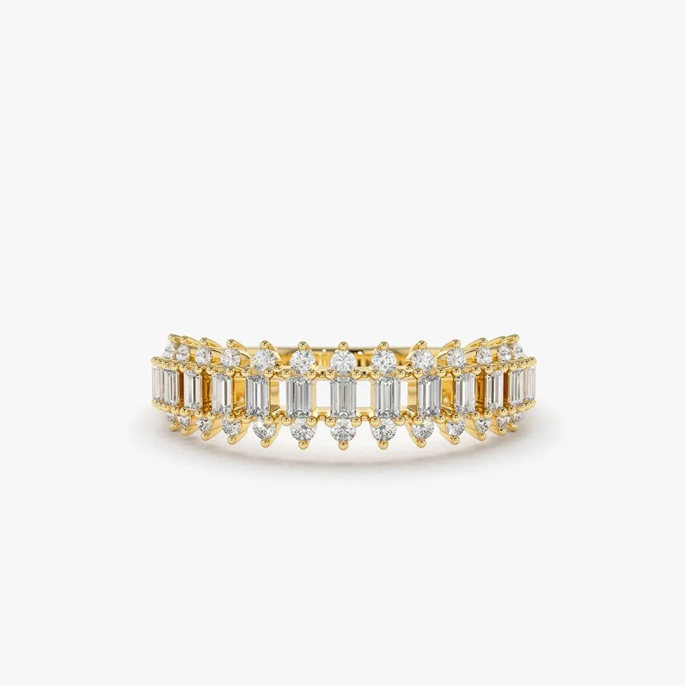 14K Solid Gold Baguette and Round Diamond Prong Set Band Ring 0.56 ctw